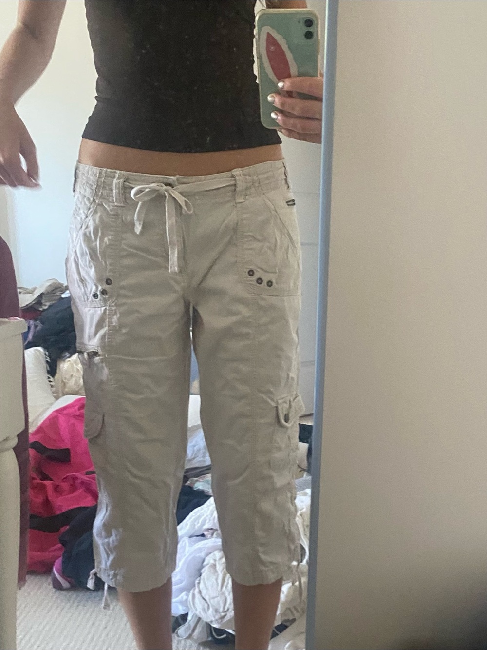 Light Khaki Cargo Capris with Drawstring Waist